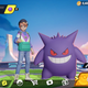 A character in the main menu of Pokemon Unite, standing next to a Gengar.